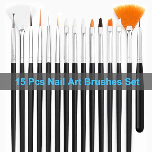 Nail Art Tools Set ? 15pcs Nail Brushes, 5pcs Dual-Ended Dotting Pens, Nail Stand & Holder Kit with Brush Rack, Tweezers & Double-Sided Tape for DIY Nail Design & Press On Nails