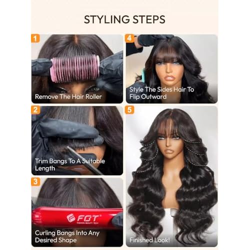 Julia Hair 13X4 HD Pre Everything Glueless Lace Frontal Wigs Human Hair Fluffy Natural Loose Wave Curtain Bangs Wig Pre Plucked Invisible Bleached Knots Pre Cut Lace Front Wig for Women 16 Inch
