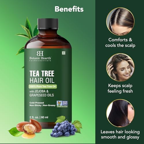 Botanic Hearth 100% Pure Tea Tree Oil For Hair Growth | Infused with Jojoba & Grapeseed Oils | Hair Oil Repairs Dry Damaged Hair, Strengthening, Healthier - Hair Tonic, 2.0 fl oz