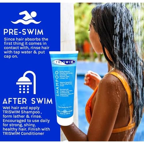 TRISWIM Chlorine Removal Shampoo 8.5 Fl Oz | Gently Removes Chlorine, Salt Water, and Hard Water Buildup | Relieves Dry and Itchy Scalp | Enriched with Organic Aloe Vera and Botanicals | Pack of 2