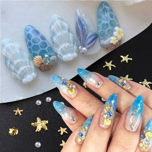 100Pcs Starfish Nail Charms and Gems Summer Ocean Style Nail Art Charms Alloy Seashell Nail Rhinestones Flat Back Pearl Nail Art Rhinestones for Women Beach Vacation Nail Designs Supplies