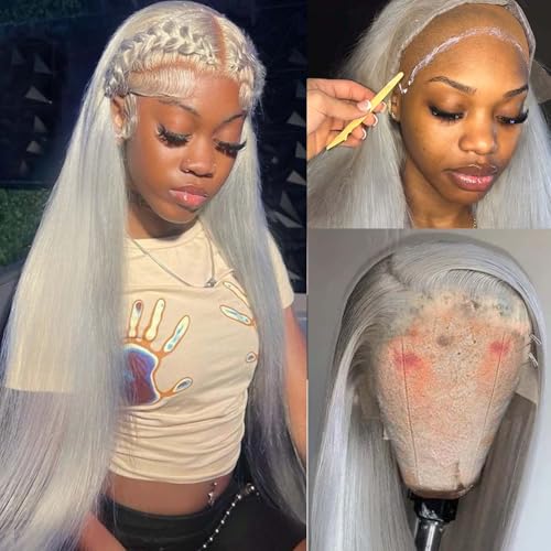 13x4 HD Lace Front Wigs Human Hair Silky Straight Glueless Gray Human Hair Wig 30 Inch Long Layered Grey Frontal Wigs Human Hair HD Lace Pre Plucked Silver Human Hair Wigs for Women 180% Density
