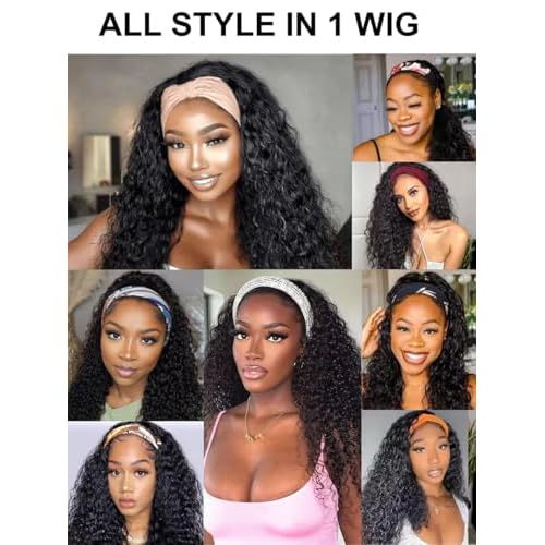 UNICE HookFit Water Wave Headband Wig Human Hair with Drawstring No-Slip Glueless Headband Half Human Hair Wig 150% Density Natural Black 20 inch