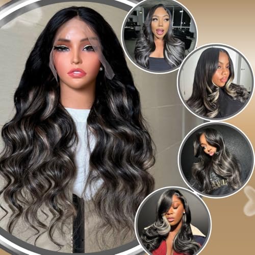 13x6 Ombre Black to Balayage Highlights Lace Front Human Hair Wig 210% Density Loose Body Wave Black to Ash Blonde Highlight Tone Wig Custom Hd Lace Wig Pre Plucked for Any Occasions 26Inch