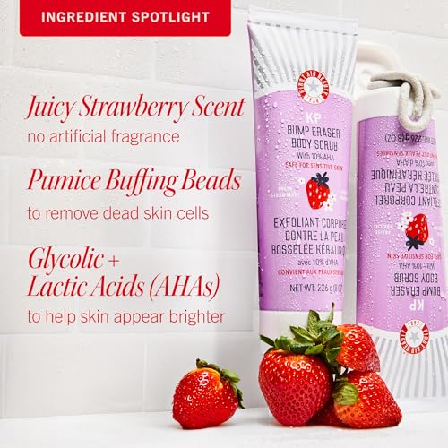 First Aid Beauty - KP Bump Eraser Body Scrub with 10% AHA, Keratosis Pilaris Exfoliator with Glycolic and Lactic acids, Helps Reduce Chicken Skin Bumps, Safe for Sensitive Skin, Strawberry Scent, 2 oz