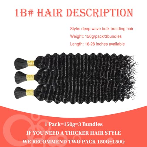 150g 28 Inch Boho Braids Human Hair Braiding Hair Deep Wave Bulk Human Hair for Braiding 3 Bundles No Weft Curly Braiding Hair for Boho Braids Human Hair Extensions Bulk Human Hair Braiding Hair