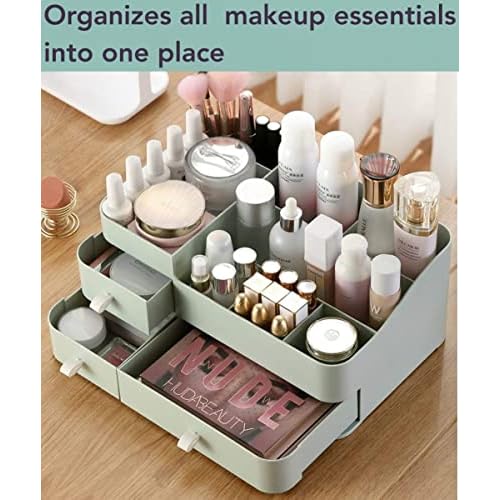 Makeup Organizer for Vanity, Large Countertop Organizer with Drawers, Cosmetics Storage for Skin Care, Brushes, Eyeshadow, Lotions, Lipstick,Nail Polish.Great for Dresser, Bathroom, Bedroom-Green