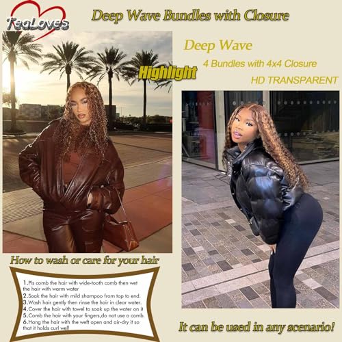 Highlight Bundles Human Hair with Closure (16 18 20 22+16inch) 10a Brazilian Deep Wave Human Hair 4 Bundles with 4x4 Closure 4/27 Color Ombre Brown Blonde
