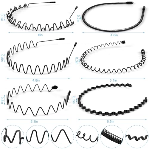 fenshine 6PCS Metal Hair Bands, Spring Wavy Hoop Unisex Black Headband Slicked Back Non Slip Sports Hairband for Women Men¡¦