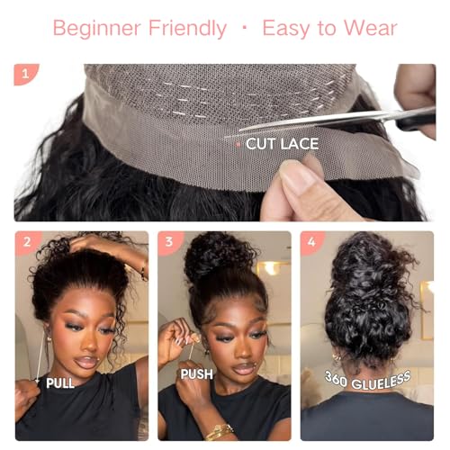360 HD Lace Water Wave Wig Human Hair ? Hidden Strap Glueless Wig for Women, Pre Plucked Natural Hairline, Bleached Knots, Beginner Friendly, Invisible Secure Fit, 250% Density, Natural Black