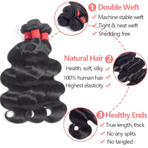 Body Wave Bundles Human Hair 14 16 18 Inch Human Hair Bundles 3 Wavy Bundles 12A Brazilian Unprocessed Virgin Hair Extensions Human Natural Color Hair