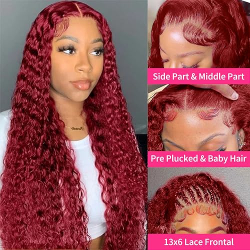 250% Density 99J Burgundy 13x6 Deep Wave HD Lace Front Wigs Human Hair for Women Glueless Burgundy Deep Curly Lace Frontal Wigs Brazilian Virgin Human Hair Wigs Pre Plucked with Baby Hair(#99j,22Inch)