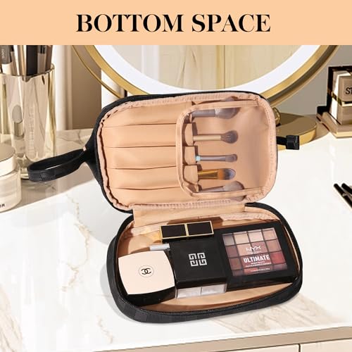 Abiudeng Large Capacity Makeup Bag Ladies Cosmetic Bag Travel Bag with Compartments Portable PU Leather Travel Makeup Bag with Handle