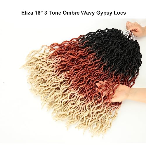 Eliza 18 Inch Wavy Gypsy Locs Ombre White Soft Locs Crochet Hair 8 Packs Goddess Faux Locs Crochet hair for Black Women African Roots Synthetic Braiding Hair Extensions(18",8 Packs, OM3T30613)
