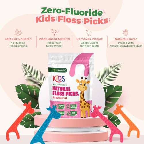 Biodegradable Kids Flossers - Dental Floss Picks for Children | Fluoride & Plastic-Free | Colorful & Fun Animal Floss Sticks | Eco Friendly, Vegan, Natural (Strawberry - 100 Pack)