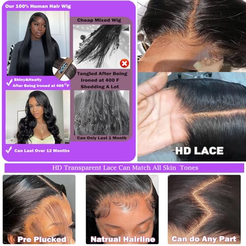 32 Inch 13x6 Lace Front Wigs Human Hair 200 Density Body Wave HD Lace Front Wigs Human Hair Pre Plucked Natural Color Glueless Wigs for Women