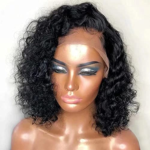 Short Bob Curly Hd Invisible Lace Front Wigs 13X6 Side Deep Part Human Hair Wigs For Black Woman Pre Plucked Brazilian Remy Hair Short Deep Wave Transparent Lace Wigs 150% Density 10inch