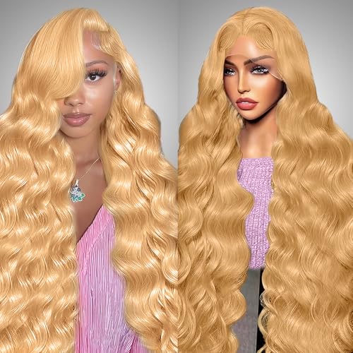 32 Inch 13x6 Honey Blonde Body Wave HD Lace Front Wigs Human Hair Pre Plucked Honey Blonde Wig Human Hair 27# Colored 200% Density Glueless Wigs for Women