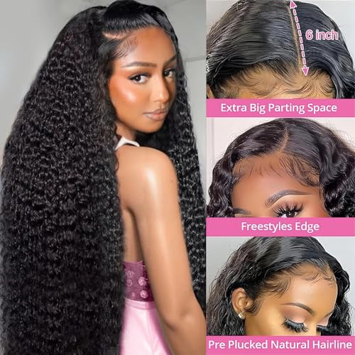 Deep Wave Lace Front Wigs Human Hair 200 Density 13x6 HD Transparent Lace Front Wigs for Women Pre Plucked Deep Curly Lace Frontal Wig Human Hair Glueless Wigs Natural Black 30 Inch