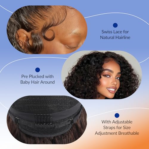 WORLDSTAR Lace Front Wigs Human Hair Water Wave Wigs for Black Women Curly Natural Black 14 Inch 120G Human Hair Wig Natural Baby Hair 100% Unprocessed Human Hair 13x4 Free-Style Parting (wig#B-533)