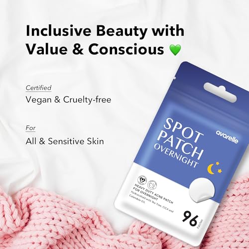 AVARELLE Spot Pimple Patches for Face | Good Night Acne Cover | Hydrocolloid with Tea Tree Oil | Acne Spot Treatment (12-14 mm, 96 ct)
