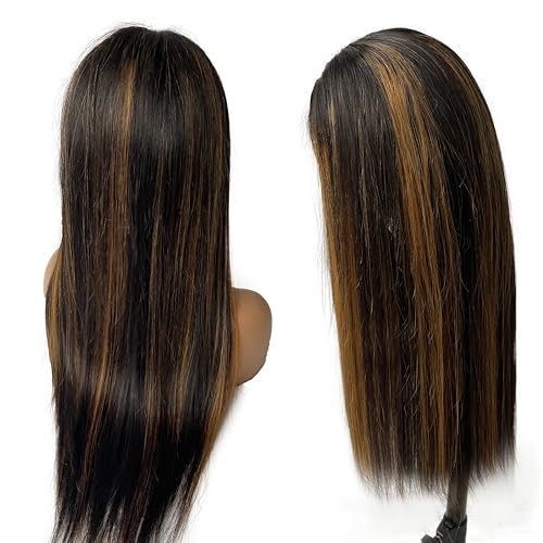 Highlight Ombre Lace Front Wig Human Hair 28 Inch Black Mixed Honey Blonde #1B/30 Colored Pre Plucked Bleached Knots 13x4 HD Transparent Lace Front Wigs 150% Density for Women Glueless Virgin Hair