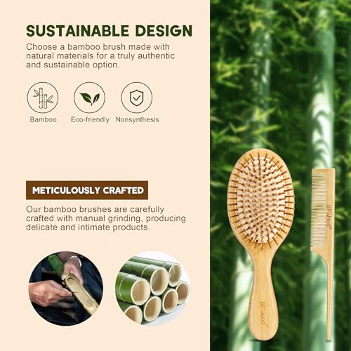 BFWood Bamboo Hair Brush for Hair Growth, Natural Wooden Brush and Detangle Tail Comb Set, Paddle Hairbrush for Massaging Scalp, for Women & Men