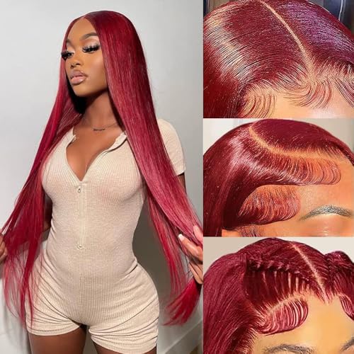 34 Inch Burgundy Wig Human Hair 180% Density 13x4 99J Burgundy Lace Front Wigs Human Hair Pre Plucked Wine Red Colored Straight Lace Front Wigs Red Wigs Lace Frontal Wigs for Black Women