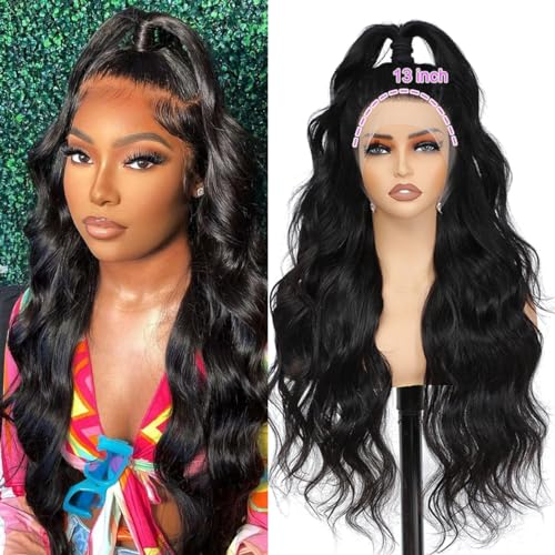 CITY GIRL 34 Inch Body Wave Lace Front Wigs Human Hair Pre Plucked 13x4 hd Transparent Lace Frontal Body Wave Human Hair Wig for Women 200 Density Natural Black