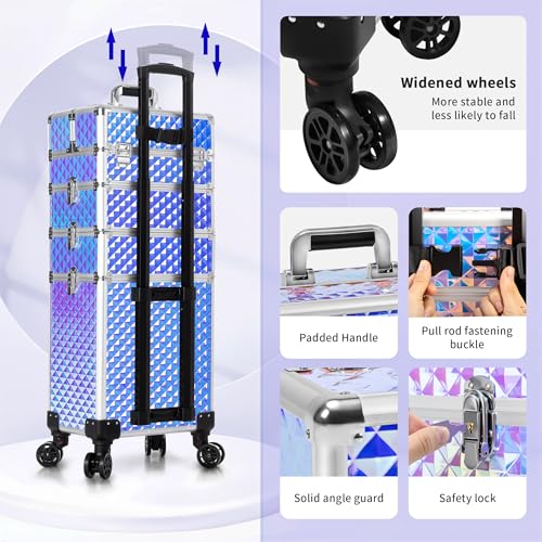 AROUS Rolling Makeup Train Case 4 in 1 Cosmetology Case on Wheels Large Storage Cosmetic Trolley with Key Salon Barber Case Traveling Cart Trunk, Colorful
