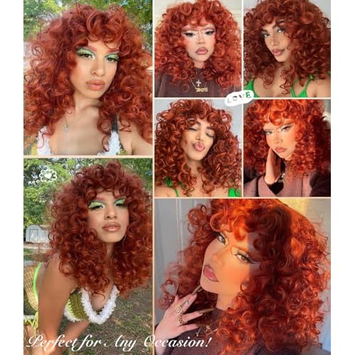 RunM Curly Wig with Bangs for Black Women Long Curly Afro Wig Big Bouncy Fluffy Synthetic Fiber Glueless Hair for Cosplay and Daily 17 Inch£¨Ginger£©