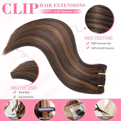 Clip in Hair Extensions Real Human Hair, Seamless Balayage Human hair Clip ins Extensions for Women Invisible Straight 8Pcs Double Weft Dark Brown Highlight Chestnut Brown 22inch 110g