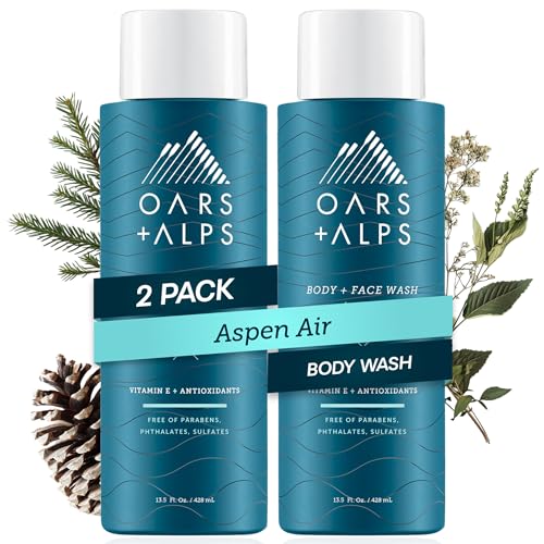 Oars + Alps Mens Moisturizing Body and Face Wash, Skin Care Infused with Vitamin E and Antioxidants, Sulfate Free, Aspen Air, 2 Pack