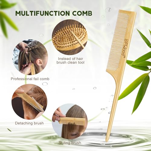 BFWood Bamboo Hair Brush for Hair Growth, Natural Wooden Brush and Detangle Tail Comb Set, Paddle Hairbrush for Massaging Scalp, for Women & Men