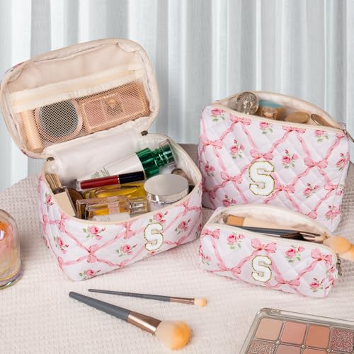 Personalized Initial Makeup Bag Set, Quilted Makeup Bag, Large Floral Cosmetic Bag for Women, Cute Cotton Custom Make up Bags, Flower Travel Toiletry Bag Teen Girl Gift Trendy Stuff Gift S