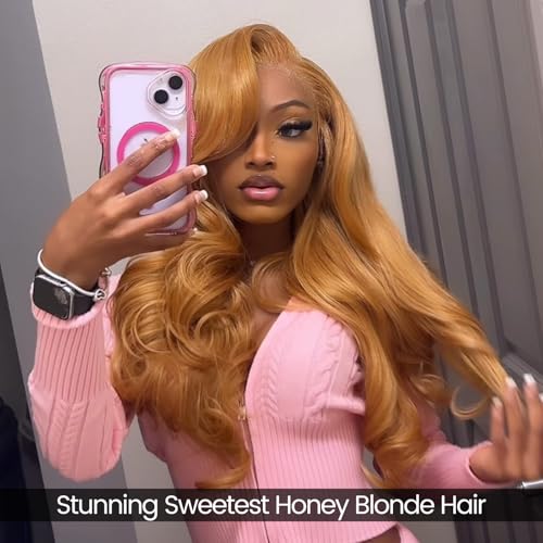 ALHER 12A Honey Blonde Body Wave Human Hair Bundles with Closure, Color #27 Sun-kissed Vibe Golden Blonde Body Wave HD Transparent 4x4 Closure with 3 Bundles Soft Thick Sew In Weave Wavy 14 16 18 +14