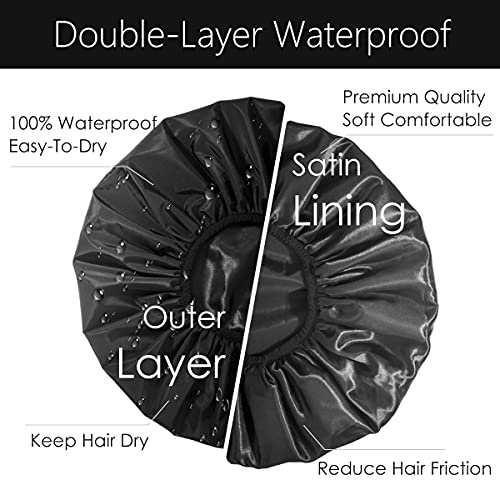 Auban Extra Large Shower Cap, Double-Layer Waterproof Reusable, XL Satin Lining Shower Bonnet for Women Thick, Long Hair, Locs, Braids(Black)