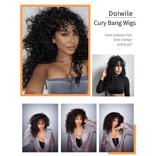 Shaggy Haircuts Curly Human Hair Wig with Bangs 4x4 HD Lace Closure Wig with Bangs Human Hair Wear and Go Glueless Wigs for Black Women (Black,26inch)