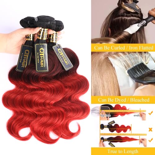 QTHAIR 1B/99J/Red Ombre Body Wave Human Hair Bundles 16A Grade 3 Tone Black Red Human Hair Body Wave Bundles 14 16 18Inch Unprocessed Virgin Hair Bundles Body Wavy Bundles