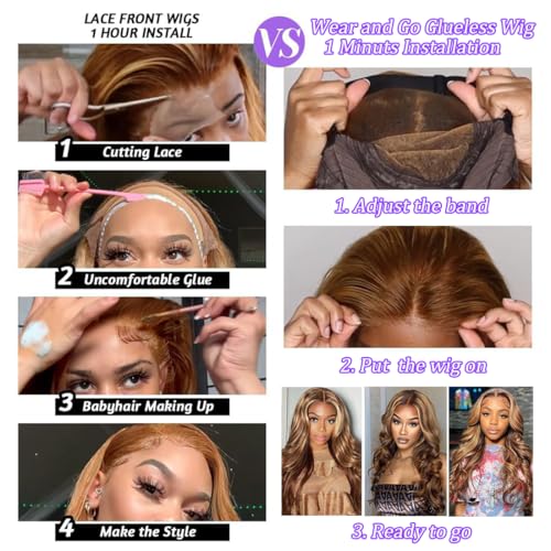 28 Inch Wear and Go Glueless Wigs Human Hair Pre Plucked Pre Cut 5x5 HD Lace Closure Wigs Human Hair Body Wave Wig P4/27 Honey Blonde Ombre Highlight Lace Front Wig 180% Density