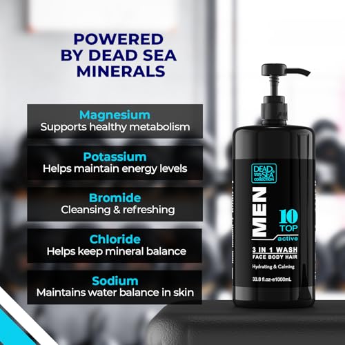 Dead Sea Collection Mens Body Wash 3 in 1 ? TOP 10 ACTIVE Body Wash for Men ? Shower Gel ? Shampoo ? Shower Soap for Face and Hair (33.8 Fl. Oz)