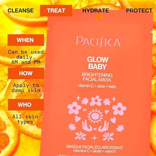 Pacifica Sheet Face Mask - 12 Pack - Glow Baby Brightening Facial Mask w/Vitamin C, Aloe & Kelp – Cooling Mask for Dark Spots & Fine Lines - Clean Beauty Vegan & Cruelty-Free Dermatologist Tested