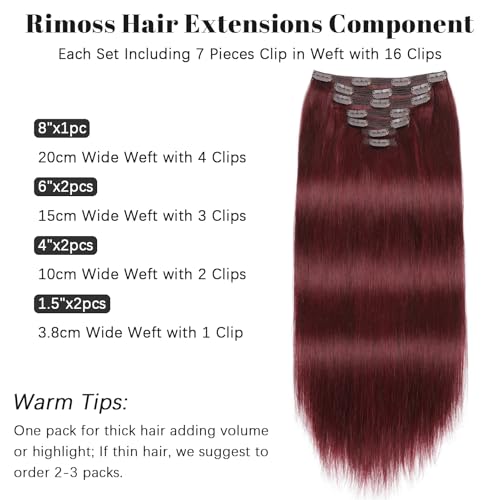 Clip in Hair Extensions Real Human Hair - 170g 22 Inch 7pcs, Burgundy Red Color - Premium Soft Human Hair Clip in Extensions Straight Double Weft for Women (#99J 22 Inch)