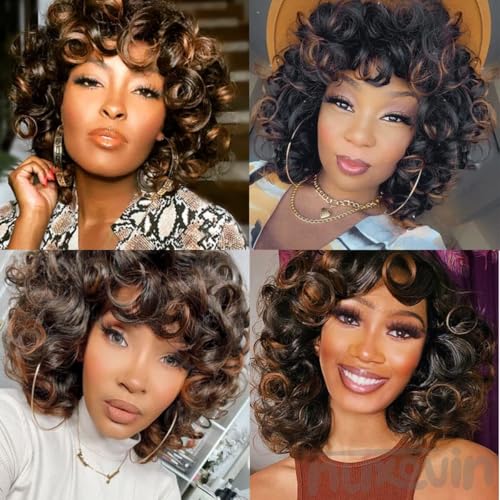 Short Curly Wigs Human Hair for Black Women Mixed Brown Afro Soft Wig with Bangs Heat Resistant Natural Cute Breathable Capless Glueless Lightweight Tangle Free
