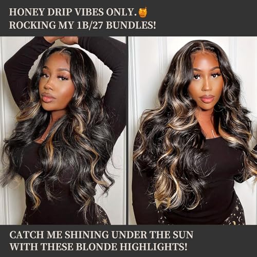 Honey Blonde Bundles Human Hair, Highlighted Black and Blonde Bundles Body Wave Balayage Colored 12A 100% Brazilian Virgin Remy Human Hair 1b/27 Ombre Loose Wavy Sew In Weave 18 20 22 Inch