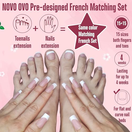 NOVO OVO French Tip Matching Press on Nail tips set, BERRY PINK Square Finger and Square Round Toe Nail Tips kit, Soft Gel Nail Extension, Pre-applied Tip Primer & Matte Base Coat x 15 Sizes 360 pcs