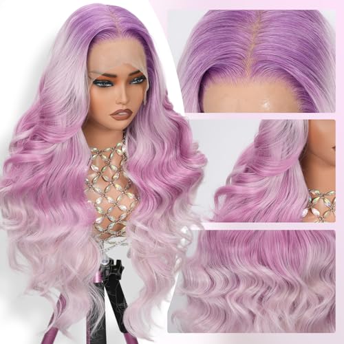 Pink and Purple Ombre Lace Front Wig, 13x6 Glueless Body Wave Human Hair Wig with HD Transparent Lace, Pre Plucked & Baby Hair
