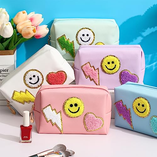 Silkfly 15 Pcs Preppy Patch Makeup Bag Bulk End of the Year Teacher Gifts Bulk Cosmetic Toiletry Bag Smile Lightning Heart PU Leather Portable Waterproof Makeup Cosmetic Purse for Women(Colorful)