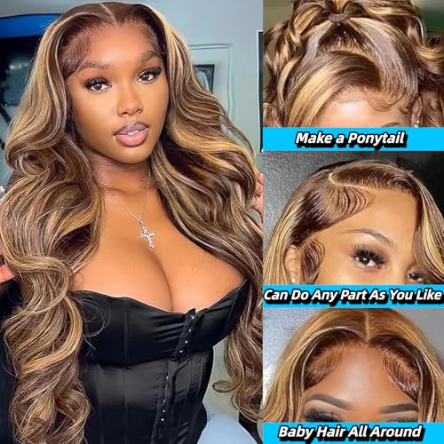 13x4 Lace Front Wig Human Hair 30 Inch Glueless 180% Density Body Wave Honey Blonde Ombre HD Lace Pre Plucked with Baby Hair Frontal Wigs for Women (#4/27)