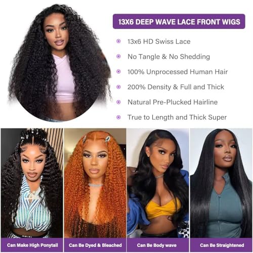 32 Inch Deep Wave Lace Front Wigs Human Hair 13x6 HD Lace Front Wigs Human Hair Pre Plucked Brazilian Curly Wig Human Hair 200 Density Glueless Frontal Wigs with Baby Hair For Women